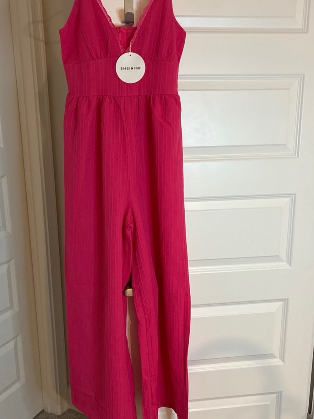 SHEIN Vibrant Pink Lace-Trim Sleeveless Jumpsuit